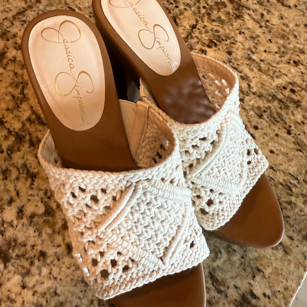 Jessica Simpson Cream Mules with Crochet Design